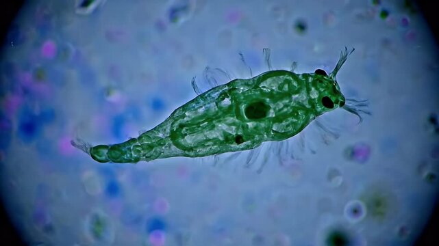 Microscopic view of a freshwater rotifer, a tiny aquatic invertebrate, observed under high magnification in a scientific laboratory setting