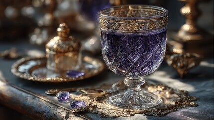 Elegant crystal glass with purple liquid sits on a doily, set amid golden, decorative objects
