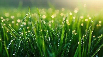Dewy grass blades glistening in sunlight with a blurred background of nature