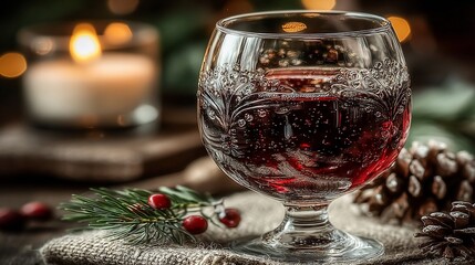 Elegant crystal goblet filled with red liquid, pine sprig, and pine cones in soft, warm light