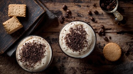 Delicious Coffee Drinks with Chocolate and Biscuits on a Wooden Table.