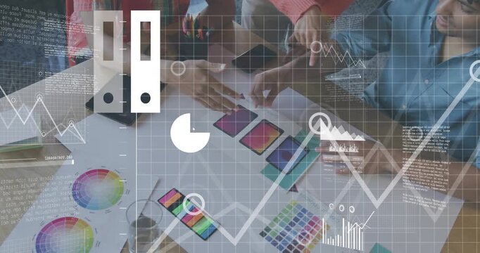 Three designers debating interface colors causing animated chart icons overlaying table for mockups