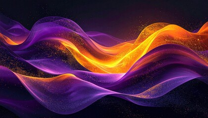 Abstract grainy background, yellow orange, purple glowing color shape, dark noise texture wave black backdrop poster header banner wallpaper design