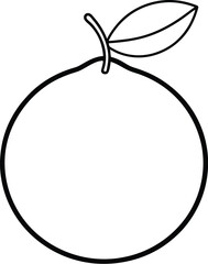 Simple black and white outline drawing of a single orange with a leaf and stem
