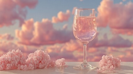 Elegant glass of light pink liquid before a dreamy sunset with fluffy, rose-colored clouds and flower accents