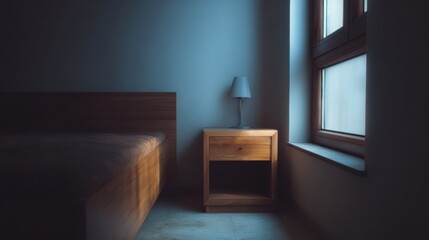 Modern minimalist bedroom with wooden bed frame, nightstand, and soft lighting from a white lamp,