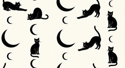 Obraz premium Whimsical black cats and crescent moons create a playful pattern, perfect for Halloween designs or charming pet-themed projects with a magical touch
