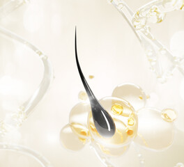Hair follicle root in clear water splashes with oil bubbles. Keratin shampoo, conditioner or collagen serum, liquid yellow waves with drops. Cosmetic care 3d background, beauty design. 3D illustration