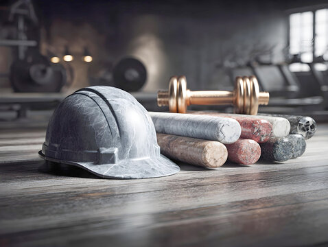 A gray, marble-textured hard hat rests next to a stack of colored stone cylinders and a gold dumbbell, symbolizing strength and construction