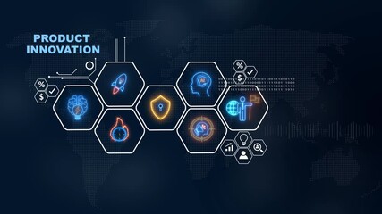 Product innovation concept depicting global connectivity and technological advancements, Internet infrastructure concept map Abstract technology background in blue color .