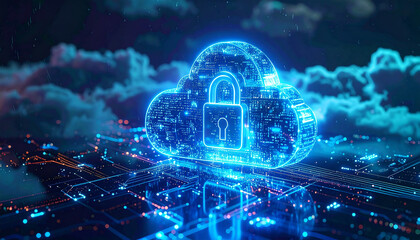 Obraz premium Cloud Data Protection: A luminous display of a digital cloud secured by a padlock, signifying the crucial concept of data protection and online security in an abstract, futuristic style.