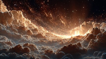 Ethereal clouds under a sparkling, star-filled sky glow with warm light, creating a dreamlike vista