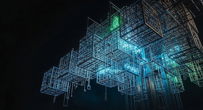 Abstract digital art of interconnected cubes with glowing accents. - Powered by Adobe