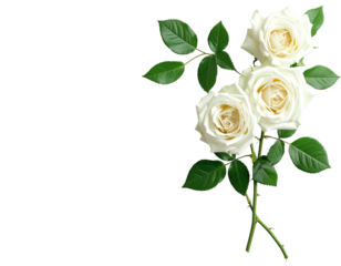 Three ivory roses and leaves against a stark black background, angled