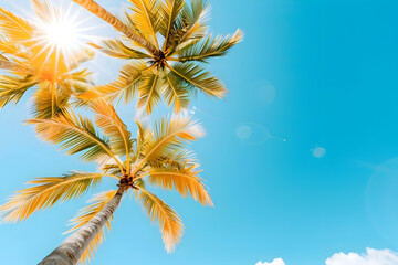 Bask in the sunshine under golden palm trees against a vibrant blue sky, perfect for travel ads, serene backgrounds, or inspiring summer vibes