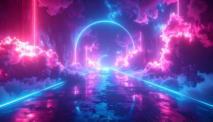 Obraz premium Neon-lit, futuristic corridor through clouds of vibrant pink and blue