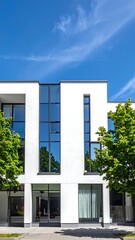 Modern white building with large windows, clear sky, and green trees