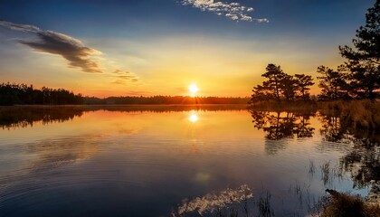 Obraz premium Serene Sunset Reflection Ripples On A Calm Lake At Golden Hour
