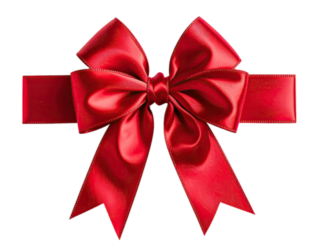 Vivid red satin bow, expertly tied with flowing loops and a central knot
