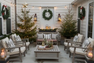 Festive and Cozy Outdoor Patio Decorated for Christmas with Trees, Wreaths and String Lights