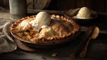 Delicious Apple Pie with Vanilla Ice Cream on Rustic Wooden Table.