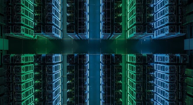Symmetrical top-down view of a futuristic data center with server racks illuminated by green and blue lights.
