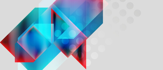 Abstract geometric shapes overlap, creating vibrant blue, red hues. Light gradients suggest depth, modern design elements.