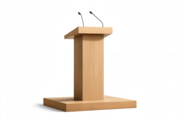 Wooden lectern with microphones, representing public speaking, conference presentations, and corporate debate