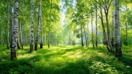Green summer birch forest with bright sun rays. Nature background with deciduous tree. Ecosystem conservation concept.