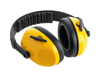 Protective ear muffs with yellow earmuffs and black headband, isolated