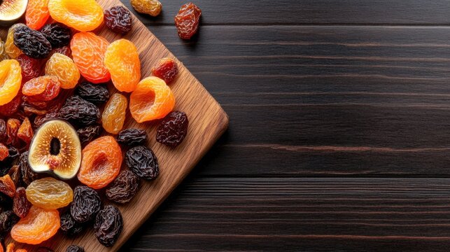 Assortment of dried fruits on wooden cutting board with dark background