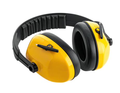 Protective ear muffs with yellow earmuffs and black headband, isolated