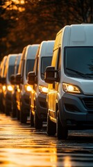 A line of white vans illuminated by sunset, creating a warm, reflective scene on a wet road.