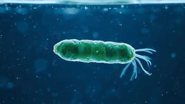 Microscopic single-celled organism with flagella swimming in dark water, bacteria or protozoa concept