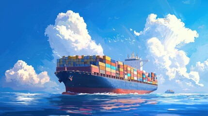 Large cargo ship sailing on ocean water. Global trade, logistic and freight transport concept. Worldwide shipping industry.
