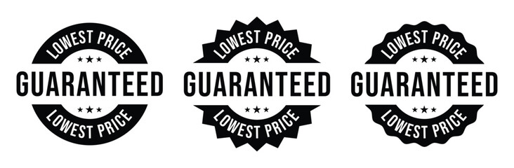 Lowest price guarantee logo, label, badge, icon, sticker, symbol, emblem, stamp, circle, black, line, flat vector, isolated illustration. Lowest price guarantee label for product packaging design.
