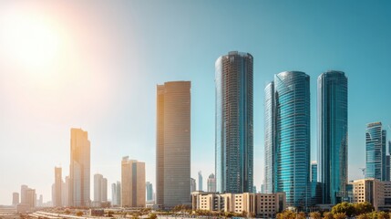 Obraz premium Modern city skyline with gleaming skyscrapers against clear blue sky. Urban architecture and commercial development concept.