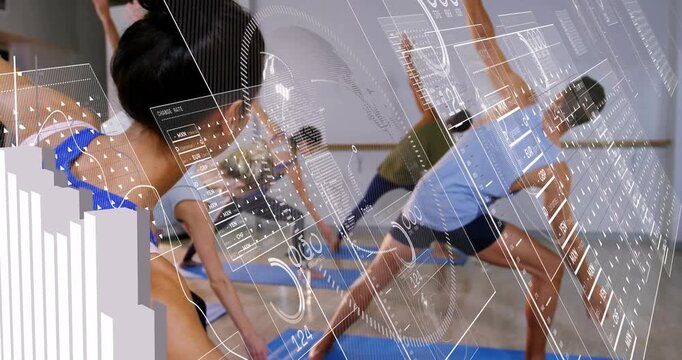 Coach raising arms cueing class into warrior II tracking fitness metrics via graph overlay