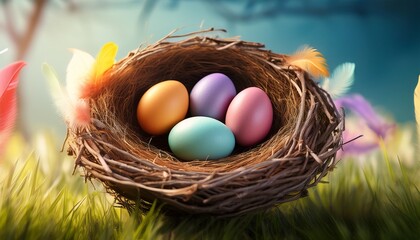 Obraz premium Colorful Easter Eggs Nestled In A Feathered Bird S Nest Outdoors Easter Nest Easter Basket