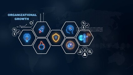 Animated graphic depicting organizational growth strategies with a world map background, Internet infrastructure concept map Abstract technology background in blue color .