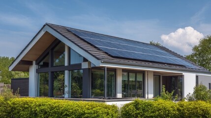 Modern single-story house with large glass windows, solar panels on roof, green bushes, clear sky, daylight,
