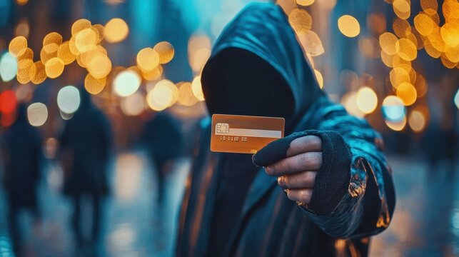 Man in hoodie holding credit card. Cyber security fraud and payment data theft concept. Hacking and financial crime.