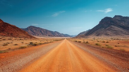 Fototapeta premium Empty gravel road extending through vast desert landscape. Scenic route winding between mountains under clear blue sky. Travel adventure concept.