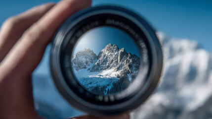 Snow-capped mountain peaks seen through a camera lens, sharp alpine focus against a clear blue sky