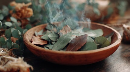 Close up of burning dried leaves in wooden bowl. Smoldering herb for aromatherapy and spiritual cleansing ritual.