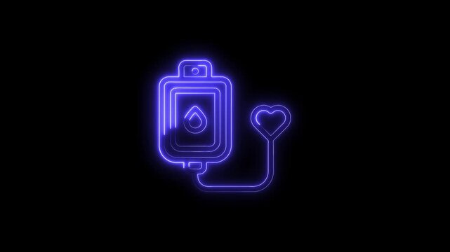 Glowing intravenous drip heart connection animation on black background for medical and healthcare concept