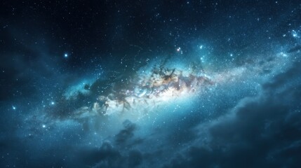 Fototapeta premium Blue galaxy with bright stars and dark cosmic cloud. Outer space nebula and stardust. Scientific background for cosmic exploration.