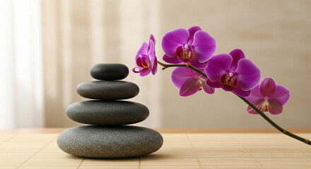 Zen wellness concept with stacked spa stones and orchid flowers on neutral background symbolizing peace.