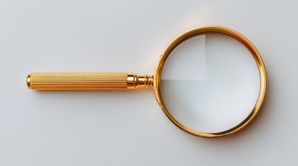 Golden magnifying glass on white background. Close up view of classic detective tool. Search, discovery, and investigation concept.