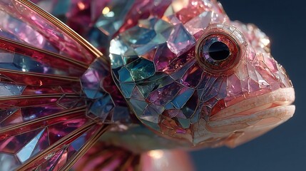 Faceted crystal fish with metal fins against a blue backdrop, showcasing intricate gem-like textures